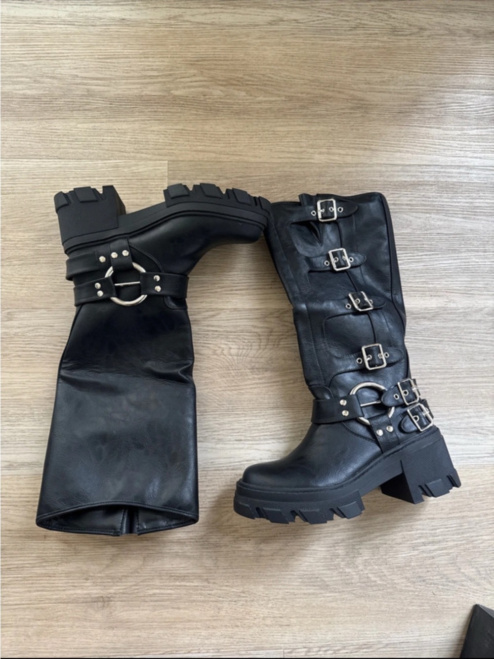 Fashion Nova Black Over-the-Knee Lug Boots with Buckles & Ring Detail - Picture 5 of 9